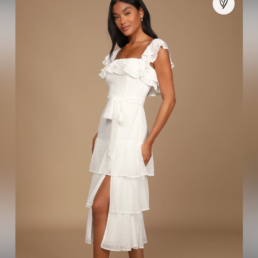 Dear To My Heart White Swiss Dot Tiered Ruffled Midi Dress